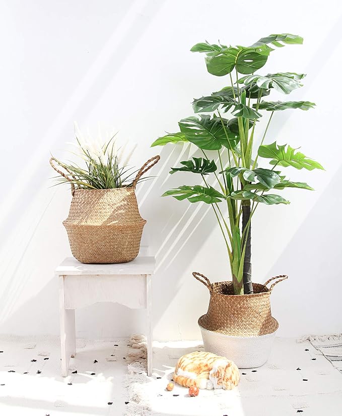 Woven Seagrass Belly Basket for Storage, Plant Pot, Picnic and Grocery Basket (Large, Black Strips)