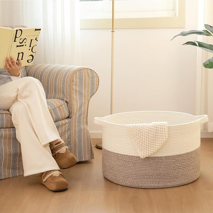 OIAHOMY Large Blanket Basket for Living Room, 19.7" x 12.6" Woven Cotton Rope Laundry Basket for Organizing Pillows, Decorative Stuffed Animal Toy Storage for Nursery, White and Linen Brown