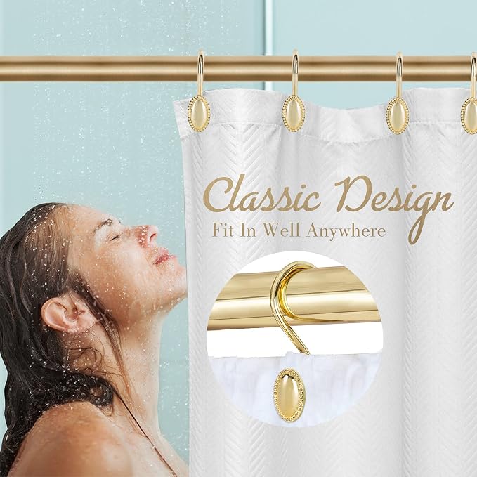 Gold Shower Curtain Hooks Rings, Zinc Alloy with Anti-Rust Coating | Rust resistant and Sturdy, Oval Design for Elegant Style, Smooth Gliding, 12PCS Decorative Modern Shower Hangers
