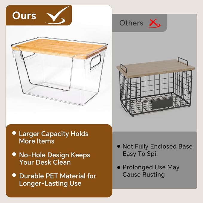 2 Large and 2 Small Pantry Organizers and Storage with Bamboo Lids, Stackable Clear Bins for Onion, Potato, Fruit, Vegetables, Trash Bag Dispenser, Kitchen and Under Sink Organizer
