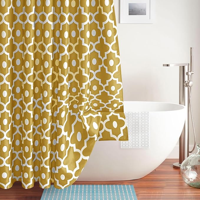 Biscaynebay Extra Long Textured Fabric Shower Curtains 72" W x 84" L, Gold Morocco Pearl Printed Hotel Spa Luxury Decorative Bathroom Curtain Machine Washable