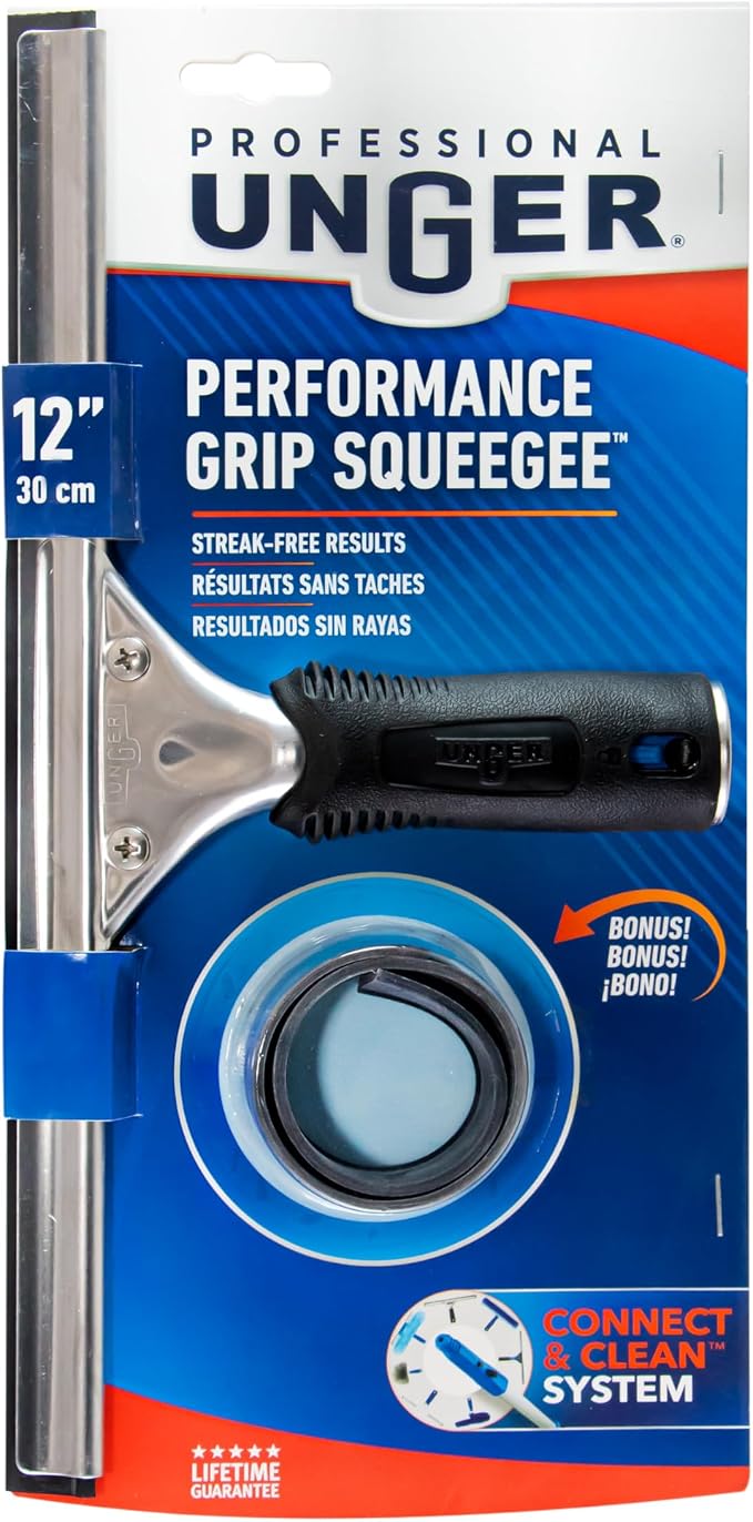 Unger Professional Connect & Clean Performance Squeegee for Glass & Window Care with Replacement Rubber,Heavy Duty Cleaning Supplies with Streak-Free Results,Handheld Cleaner Tool, 12 Inch(Pack of 10)