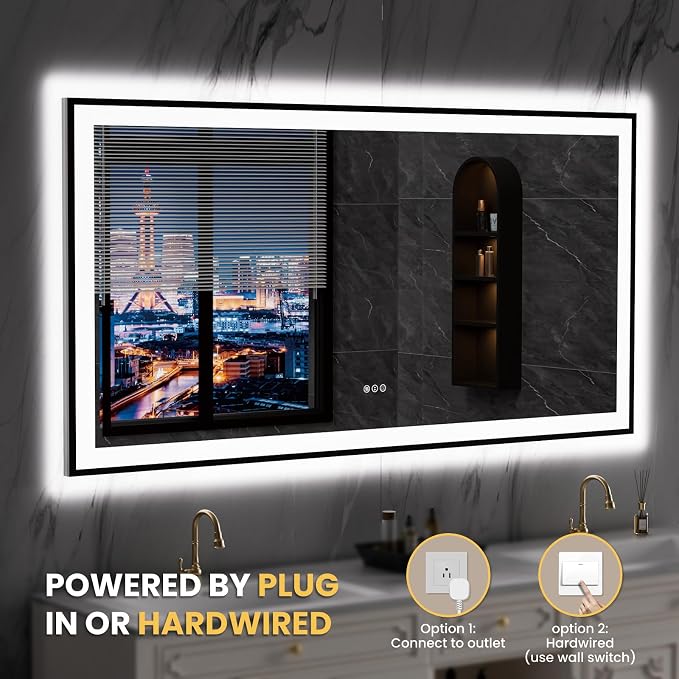 LOAAO 72"X36" LED Bathroom Mirror Black Framed | Anti-Fog, Dimmable, Memory Function, Tempered Glass, Lighted Vanity Mirror for Wall