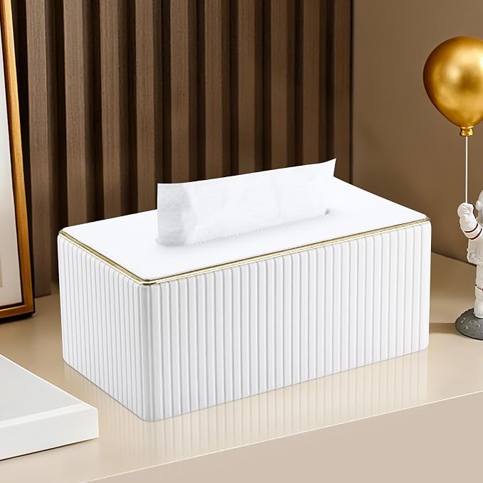 Rectangular Tissue Box Cover, PU Leather Tissue Box Holder with Magnetic Bottom, Napkin & Facial Tissue Holder Dispenser Decorative Box Cover for 120-count (3-Ply) 160-count (2-Ply) White