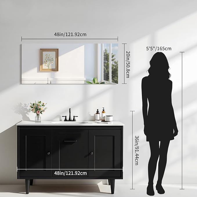 KOCUUY Frameless Mirror, 20x48 Inch Bathroom Mirrors for Over Sink, Large Rectangle Unframed Wall Mirror with Polished Edge, Upgraded 3mm Tempered Glass, Horizontally or Vertically