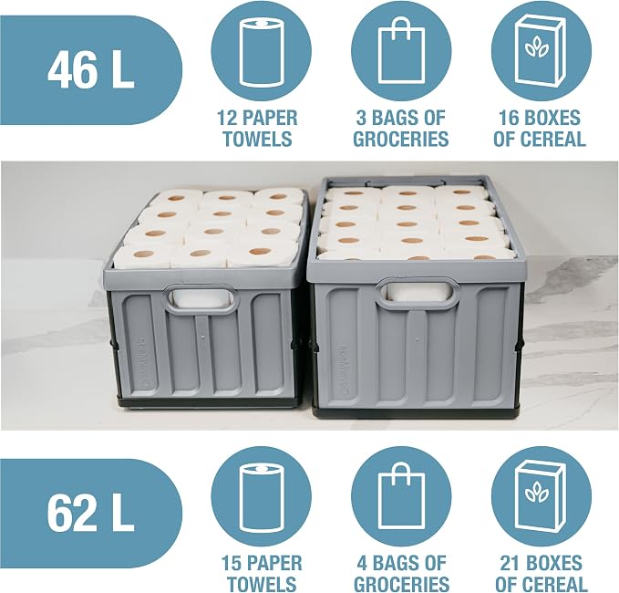 CleverMade Collapsible Storage Bin (With Lid) - 62L - Stone (3PK) | Store Bigger Loads Under a Secure Lid | Each Bin Holds 100 lb, Stacks Neatly, and Folds to 2.5 Inches When Empty