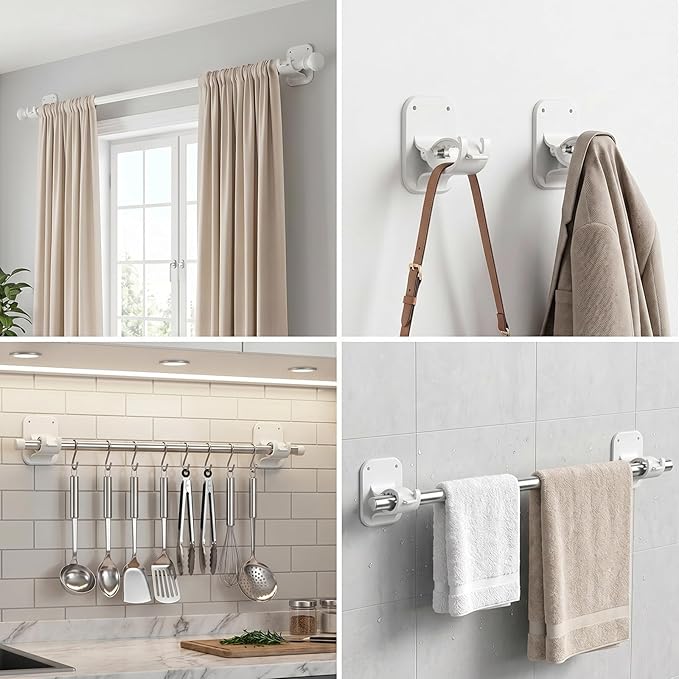 No Drill Curtain Rod Brackets-20LB, 6 Pack Self Adhesive Curtain Rod Holder | Peel and Stick Wall Hooks, Renter Friendly Upgrades for Apartment, Kitchen, Bathroom, Dorm, and RV, Housewarming Gifts