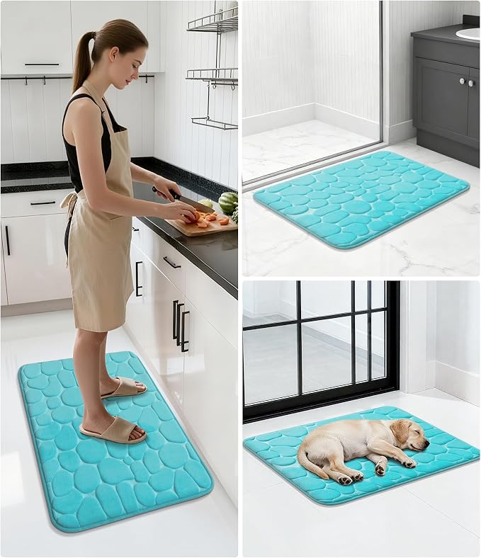 Memory Foam Runner Rug, Cobblestone Bathroom Runner Rugs Super Water Absorbent Bath Mats for Bathroom Machine Washable Bath Rugs for Hallway Bedroom Laundry Room(24 x 47,Teal)