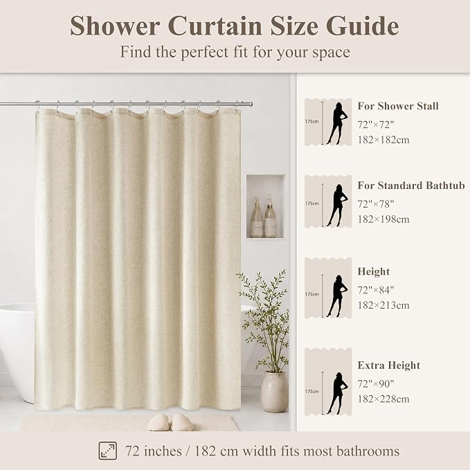 Jowels Beige Linen Fabric Shower Curtain for Bathroom, 72x78 | Long Size, Natural Linen Shower Curtains Set, Waterproof Washable Weighted Textile, Metal Hooks, Hotel Boho Farmhouse Decor