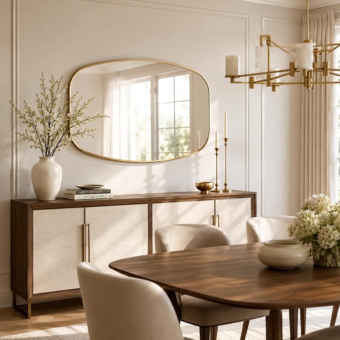 Matte Gold Capsule Bathroom Mirror, 24x36 Inch | Aluminum alloy frame, muted vintage gold tone, tempered glass, two-way mount for dressing space