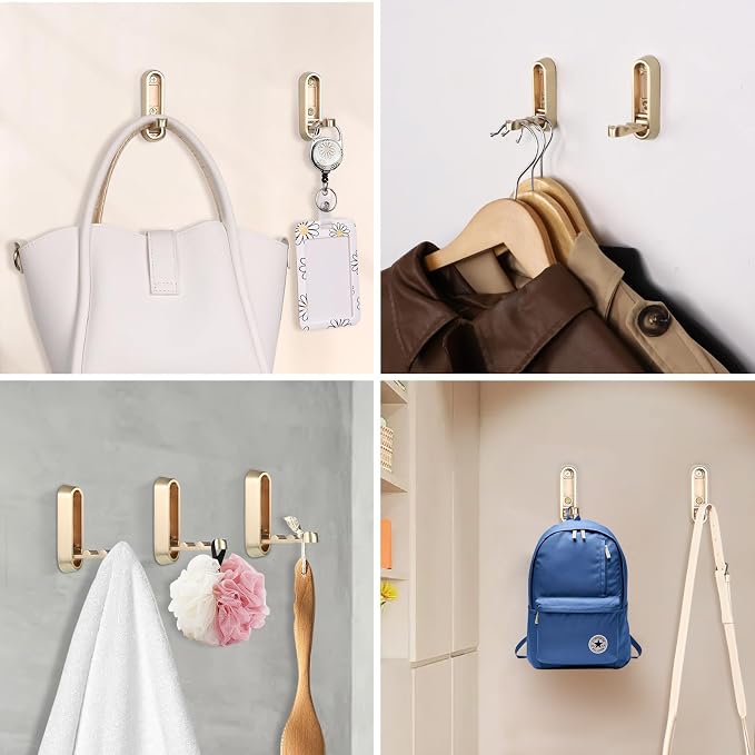 Folding Coat Hooks, 2 Pcs Foldable Gold Wall Hooks Heavy Duty Foldable Hook Bathroom Towel Hooks Robe Hooks Wall Mounted for Hanging Coat Towels Clothes Hat Bags Keys