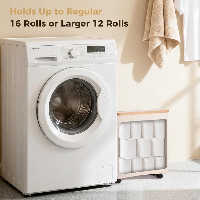 Toilet Paper Storage Organizer with Lid, 33L, Holds 16 Rolls, Grey (Beige) | Slim Foldable Design, Waterproof, with Lockable Wheels for Mobility, Ideal for Bathroom, Bedroom, Dorm, Laundry Room