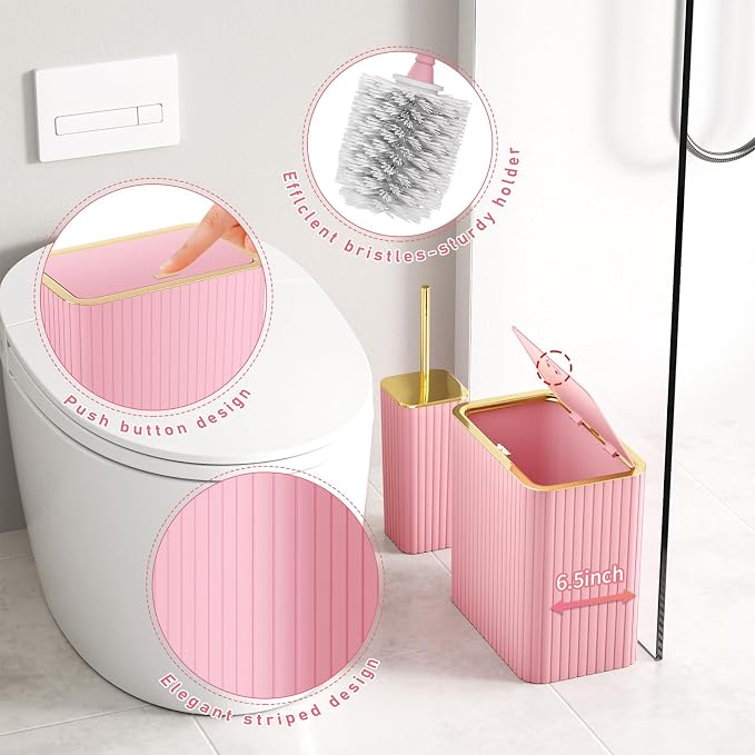 Bathroom Accessory Set - Bathroom Set, 12PC Bathroom Accessories Set, Pink Bathroom Accessories Set, Mini Trash Can, Toilet Brush, Trash Can & Soap Dispenser