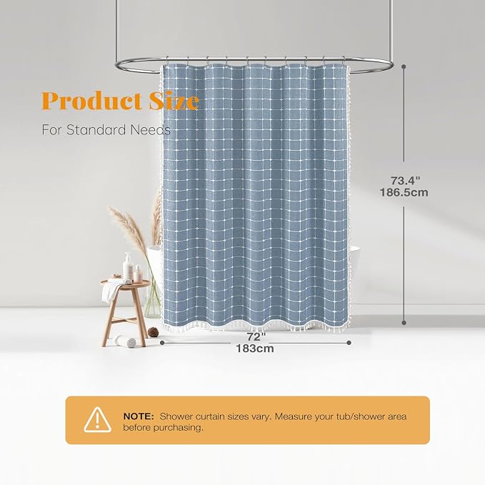 Blue Boho Farmhouse Linen Heavy Duty Fabric Shower Curtain Set, 72x72 | 330GSM Linen Blend, Classic Plaid, 3-side Tassels, Water Repellent Cloth, 12 Plastic Hook, Rustic Bohemian, Machine Washable