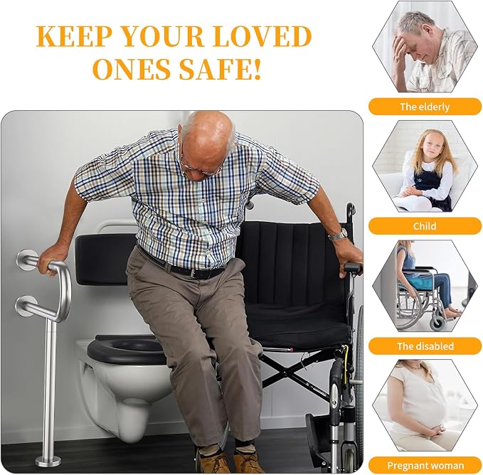 Toilet Grab Bar 24 Inch,YuanDe Wall to Floor Brushed Nickel Safety Grab Bar | Anti-Slip Knurled Grip,Stainless Steel Bathroom Handicap Grab Bar with Leg,Support Bar for Disabled Elderly Pregnant