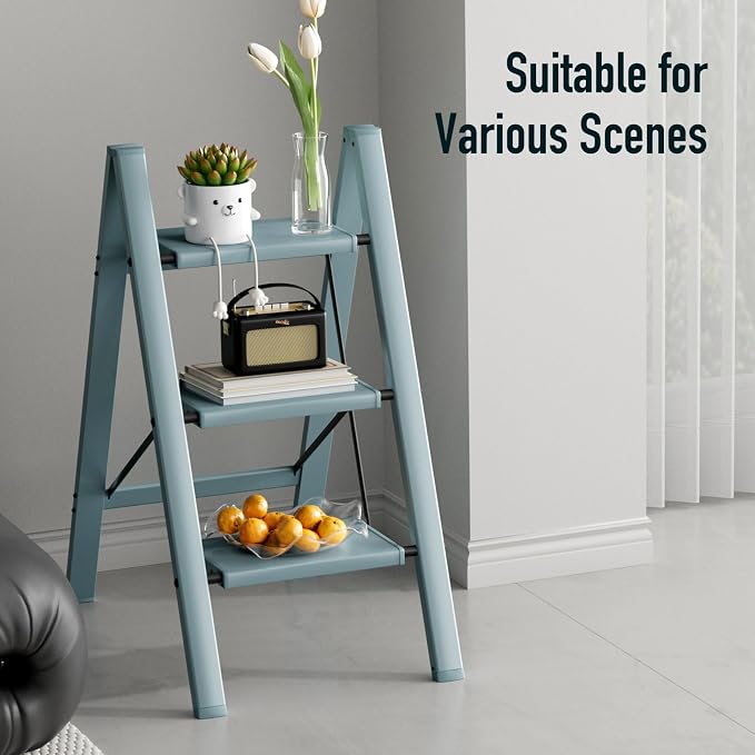 Mayi Plus 3 Step Stool Foldable, Aluminum, Lightweight Step Ladder | Extra-wide anti-slip folding steps with 330 lbs, for home,kitchen,office,outdoor,office,Blue
