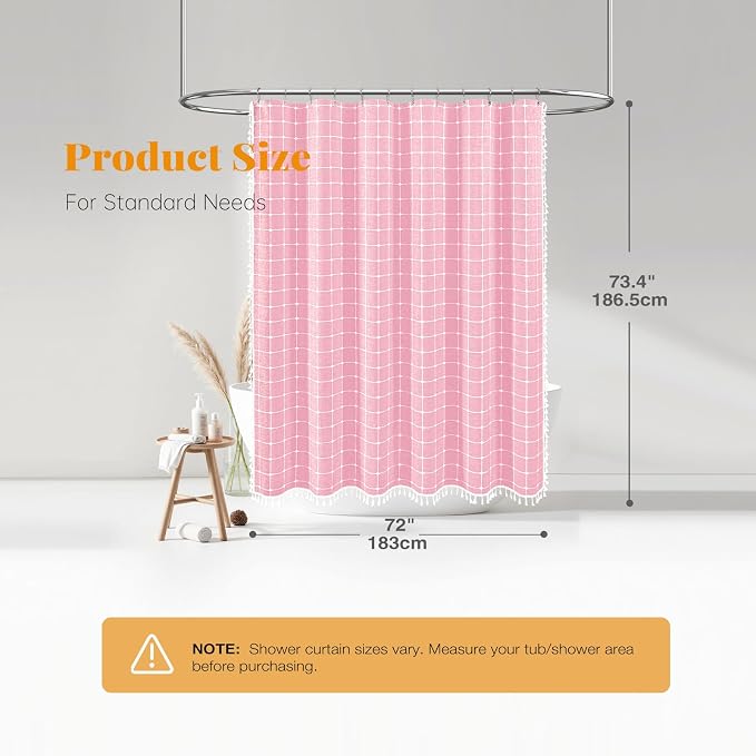 Pink Boho Farmhouse Linen Heavy Duty Fabric Shower Curtain Set, 72x72 | 330GSM Linen Blend, Classic Plaid, 3-side Tassels, Water Repellent Cloth, 12 Plastic Hook, Rustic Bohemian, Machine Washable
