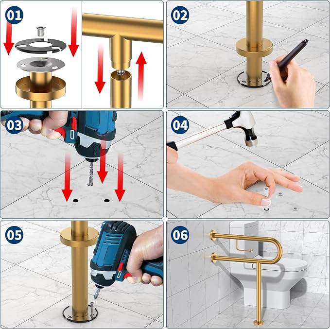 ZUEXT 24x28 Inch Gold Knurled Toilet Grab Bar with Toilet Paper Holder | Wall to Floor, Anti-slip Handicap Grab Bar, Stainless Steel Bathroom Support Rail with Leg, For Elderly Disabled Pregnant
