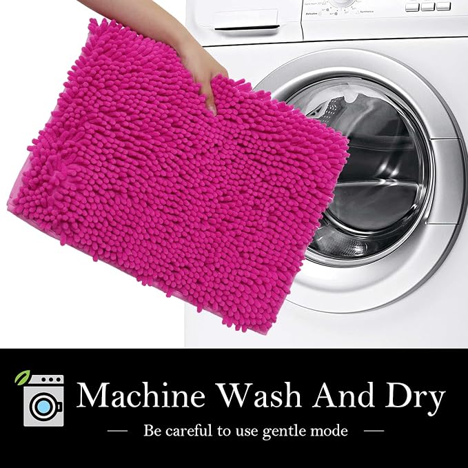 Bathroom Rugs Chenille Bath mat 2 Piece Set, Super Absorbent, Strong PVC Non Slip Backing, Bath mats for Bathroom, Plush Shaggy, Thick, Machine Washable, Bathtub, Toilet.(Hot Pink)