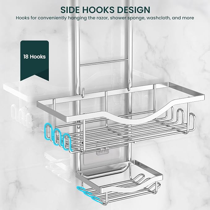 REINHARDT Adjustable Shower Caddy Hanging Over Shower Head, Silver | Rustproof Shower Organizer, Extra Long, No Drilling, Anti-Slip, Fast Draining, Soap Holder, 12 Hooks, Bathroom Accessories