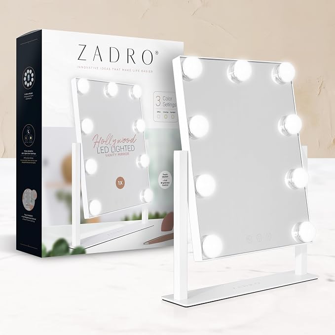 Zadro Hollywood Lighted Vanity Mirror with 9 LED Bulbs, 3 Color Light Settings, 360° Rotation Makeup Mirror Head (14" H x 12" W | 1X | White)