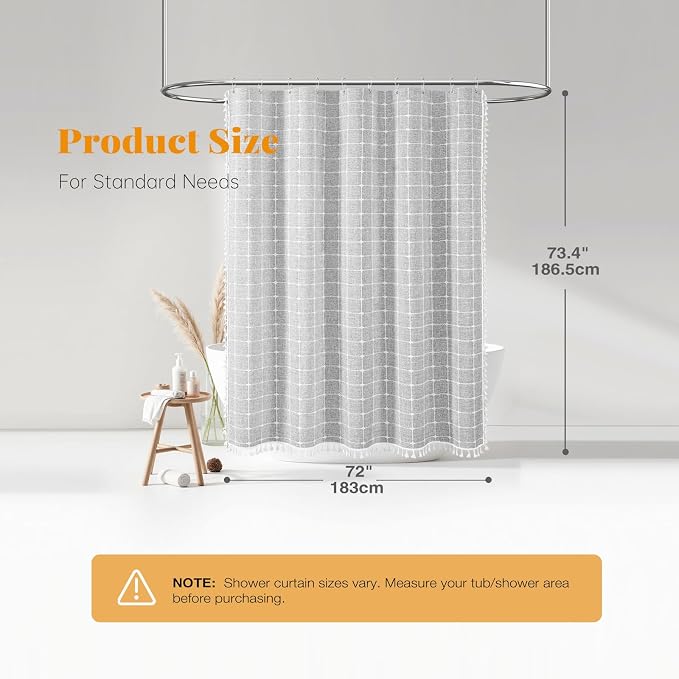 Grey Boho Farmhouse Linen Heavy Duty Shower Curtain Set, 72x72, Gray | 330GSM Linen Blend, Classic Plaid, 3-side Tassels, Water Repellent Fabric, 12 Plastic Hooks, Bohemian Style, Machine Washable
