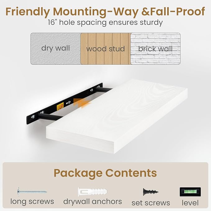 Fun Memories 48 Inch Floating Shelves in White, 9.3 Inch Deep Wall Shelves for Bathroom, Living Room, Bedroom, Kitchen, Deep Long Shelf Wall Mounted 1 Pack Shelf for Books, Decor