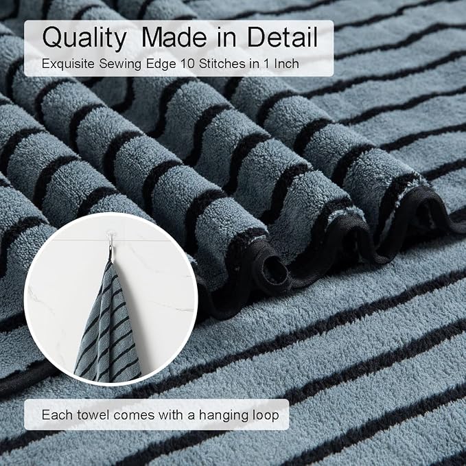 8 Pcs Cabana Stripe Large Towel Set Polyester Bath Hand Towels Washcloths | Fluffy oversize towel with hang loops absorbent quilck dry multiple pack easy replacement family sets for beach pool gym yoga