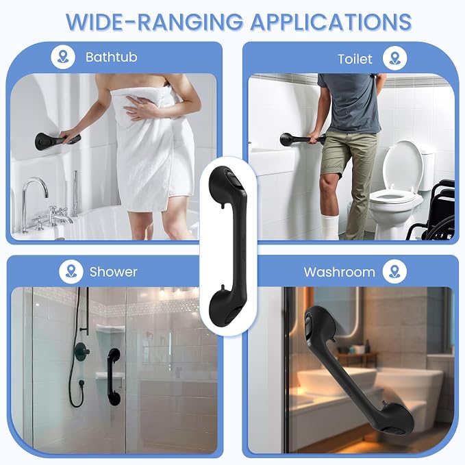 2 Pack 16 Inch Grab Bars for Bathtubs and Showers for Seniors, Heavy Duty Shower Handle for Elderly, Suction Cup Removable Handrails Handicap Bath Grip Bathroom Upgrade Safety Grips (Black)