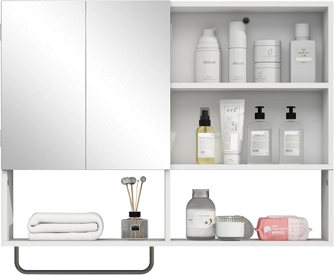 Bathroom Wall Cabinet, Medicine Cabinet, with Mirror & Towel Bar, White