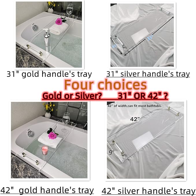42" transaprent Bathtub Caddy with Silver Handle for Luxury Bathroom