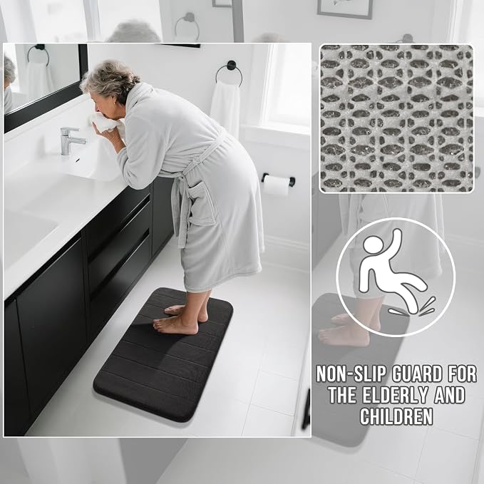 Yimobra Memory Foam Bath Mat Set 3 Pieces- Super Soft Absorbent Quick Dry Bathroom Rug Sets, Machine Washable Non Slip Floor Carpet for Tub Shower, Vanity & Toilet Base, Black