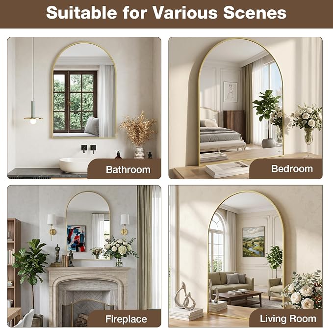 24"x36" Brushed Gold Arched Vanity Bathroom Mirror, Set of 2 | Aluminum Alloy Frame, Clear Reflection, Rust-Resistant, Vertical or Horizontal, Wall Mount, Bedroom and Entryway