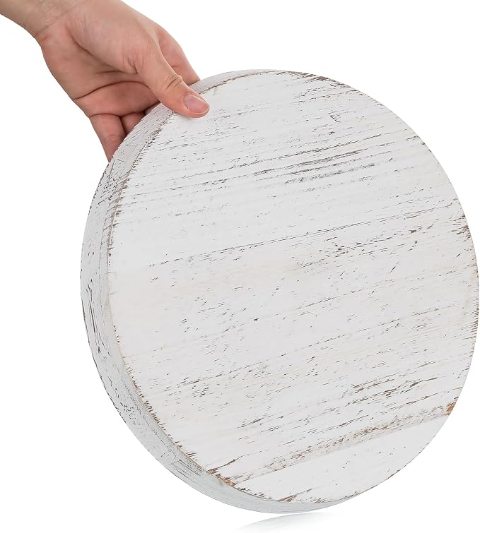 Romadedi Rustic Wooden Tray Candle Holder, Round, Distressed White | Wood Decorative Pillar Candle Tray, For Coffee Table, Kitchen Countertop Organizer, Home Decor Wedding Centerpiece