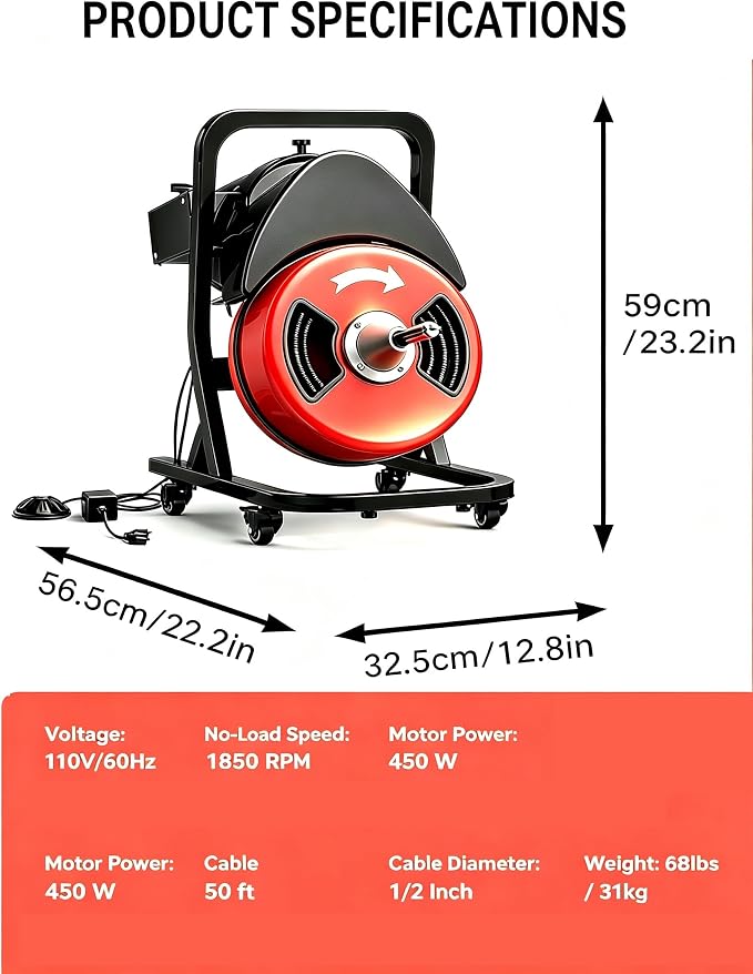50FTx1/2 Inch Drain Cleaner Machine with Wheels, Sewer Snake Drain | Plumbing Snake Auger Cleaner for 2" to 4" Pipes with 6 Cutter & Foot Switch for Sewer, Sink, Toilet, Bathroom