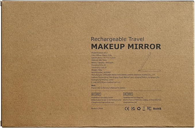 NEZZOE Rechargeable Travel Makeup Mirror with LED Light, 7x5 Inch, Black