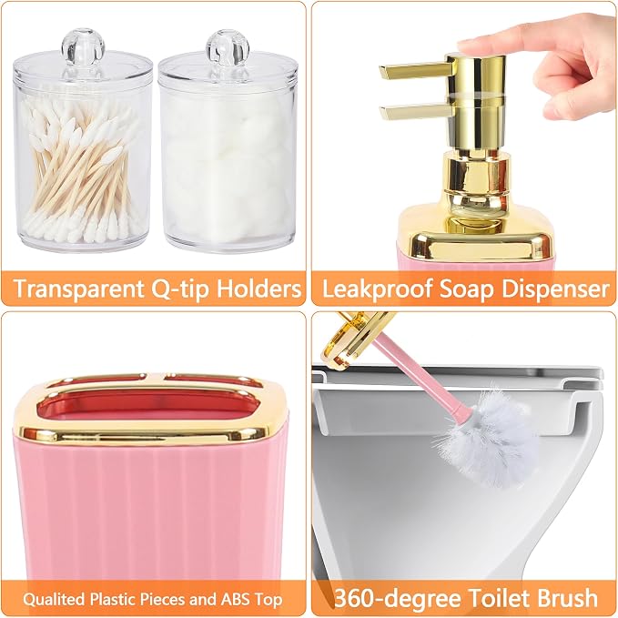 9 PCS Pink Bathroom Accessories Set with Trash Can Bathroom Accessory | All-in-One Kit with Trash Can,Toothbrush Holder,Soap Dispenser,Toothbrush Cup,Vanity Tray,Soap Dish,Toilet Brush etc for Home