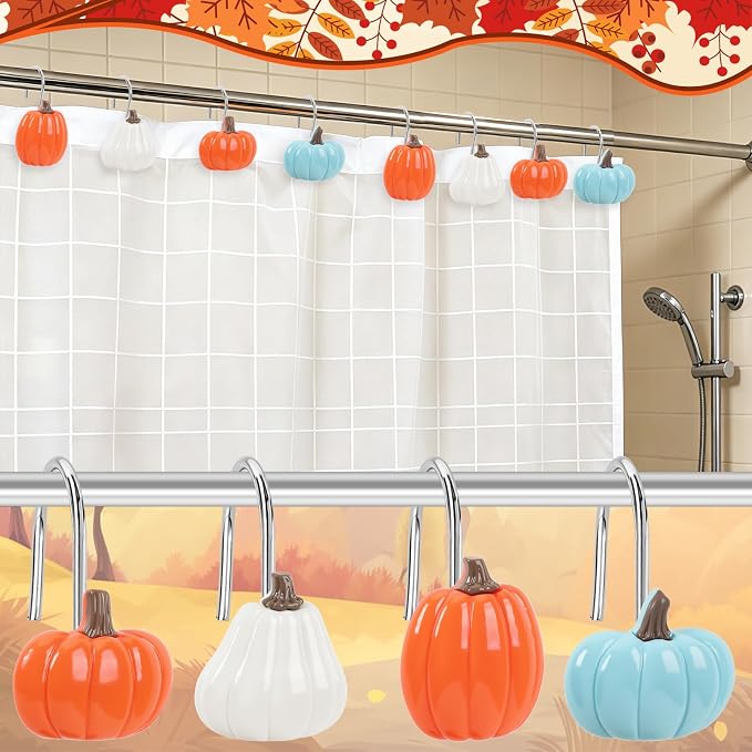 Fall Shower Curtain Hooks 12 Pcs Decorative Autumn Rings | Premium Metal Universal Size, Smooth Gliding Rust Proof, Decorative 12 Pack, Bathroom Thanksgiving Home Decor