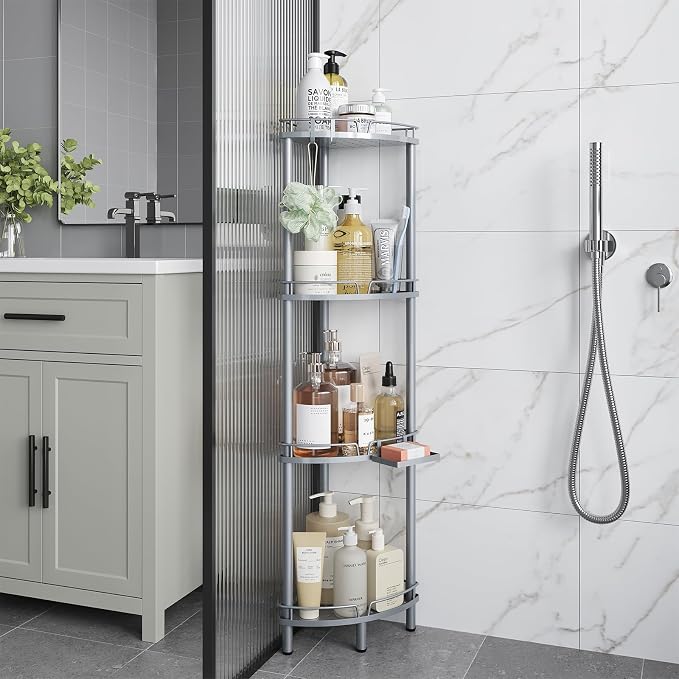 ELYKEN Corner Shower Caddy Standing, 4 Tier Metal Shower Organizer, Silver | Stainless Steel Shower Shelves with Soap Holder, Adjustable Feet & 2 Hooks for Storing Bath Essentials in Bathroom corner