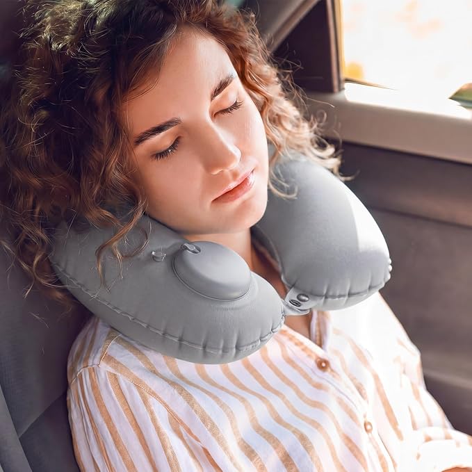 Colingmill 2 Pcs Inflatable Bath Pillows for Tub, U-Shaped Neck & Head Support Cushion, Portable Blow Up Travel Neck Pillow with Adjustable Button for Airplanes & Home Spa(Grey, Peacock Blue)