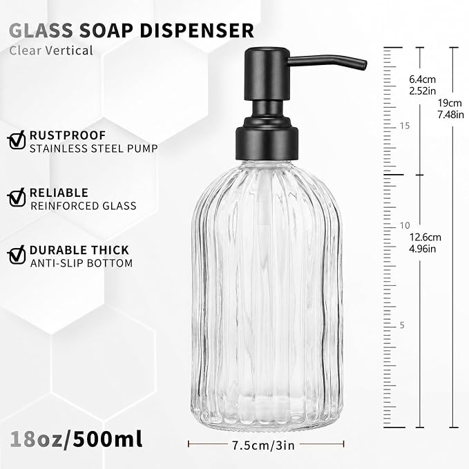 Clear Glass Soap Dispenser | with Matte Black 304 Rustproof Stainless Steel Pump 18oz for Kitchen and Bathroom Hand Soap Dispenser Bottle