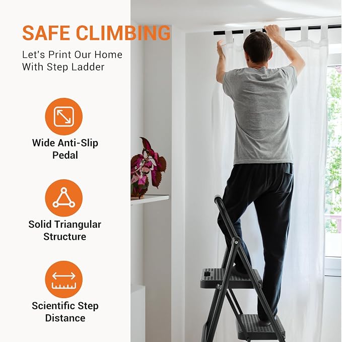 Sweetcrispy 2 Step Ladder, 800lbs Folding Sturdy Step Stool | Portable Stepping Stool with Wide Anti-Silp Pedal & Cushioned Handle, for Home Kitchen and Outdoor - Black