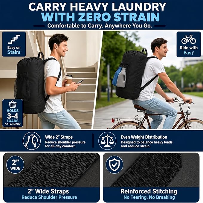 Backpack Laundry Bag Durable Polyster Laundry Backpack Bag with Shoulder Straps, Drawstring Closure & Mesh Pocket, Large Clothes Hamper for Dorm, Travel, Laundromat (Black)