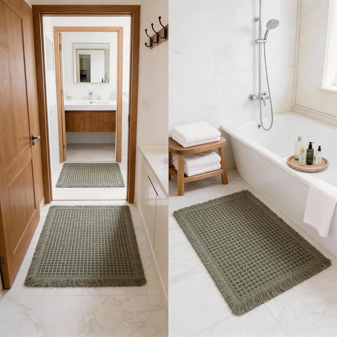 Set of 2 Waffle Bathroom Rugs, Non Slip Absorbent Waffle Knit Bath Mat for Shower Floor, Tub and Bathroom Door, Ultra Soft Quick Dry, Olive Green, 17"x24"+18"x30"