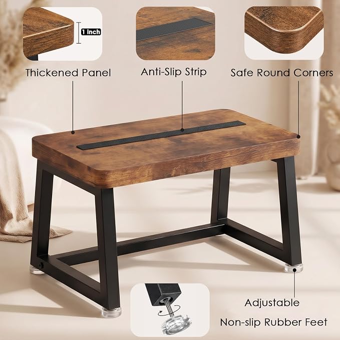 Wooden Step Stool for Adults Small Bed Step Stool with 500LB, Brown | Small Step Stool, Heavy Duty, Non Slip, Anti Tipping, Adjustable Feet, Foot Stool for Kitchen Bedroom Bathroom Living Room