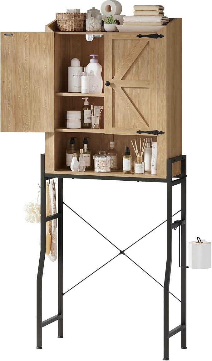 Over The Toilet Storage Cabinet with 2-Door & Metal Stand, Wood | Toilet Paper Holder, 3 Extra Hooks, Anti-Tipping Device, With Adjustable Shelves, for Bathroom, Restroom, Laundry