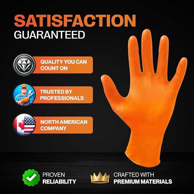Orange Nitrile Gloves, 8 Mil Powder-Free Latex-Free Disposable | High-visibility diamond-texture grip for automotive, mechanic, construction, shop; heavy-duty, tear and puncture resistant