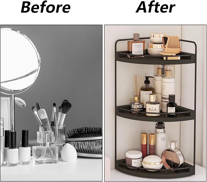 Fixwal 3 Tier Corner Bathroom Countertop Organizer Vanity Wood Shelf Black | Corner Organizer, Rustic Wood Finish, Countertop Storage for Bathroom Essentials, No Install, Compact, Space Saving