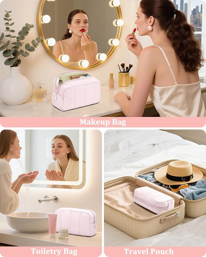 Makeup Bag Cosmetic Bag Travel Toiletry Bag for Women Puffy Padded Cosmetic Pouch Purse Wide-open Makeup Organizer Case Travel Essentials