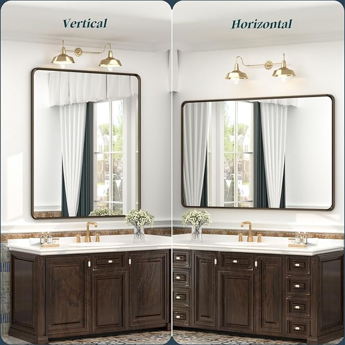 OKPAL 30x36 Bronze Bathroom Wall Mirror, Modern Brushed Metal Framed Mirror for Vanity, Bronze Rounded Rectangle, Anti-Rust, Tempered Shatterproof (Horizontal/Vertical)
